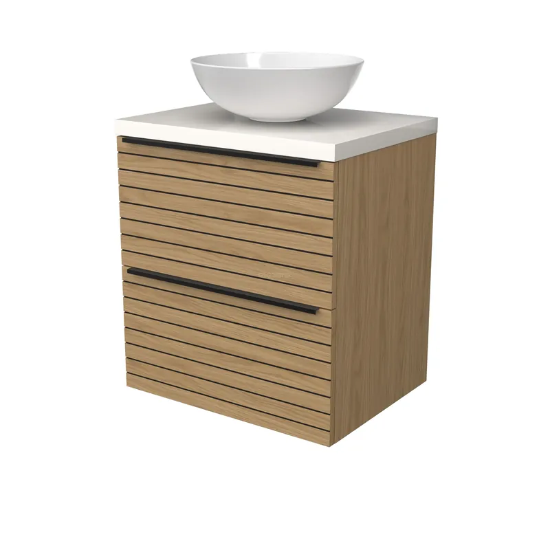 Modulo Plato Badkamermeubel voor waskom | 60 cm Naturel fineer Strook front Hoogglans wit blad 2 lades onder elkaar Hete Deal