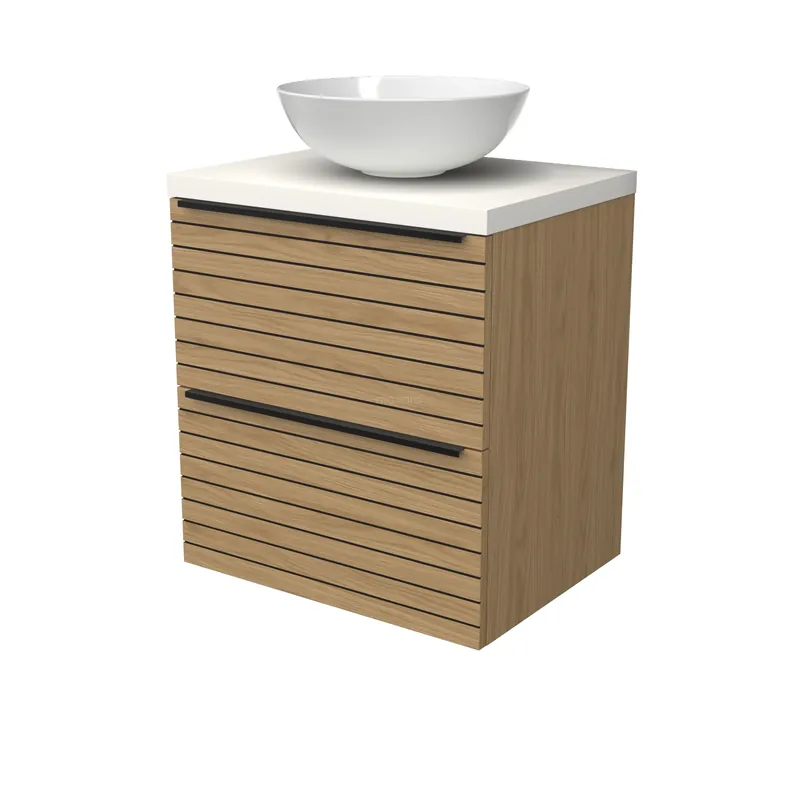 Modulo Plato Badkamermeubel voor waskom | 60 cm Naturel fineer Strook front Mat wit blad 2 lades onder elkaar Handgemaakt