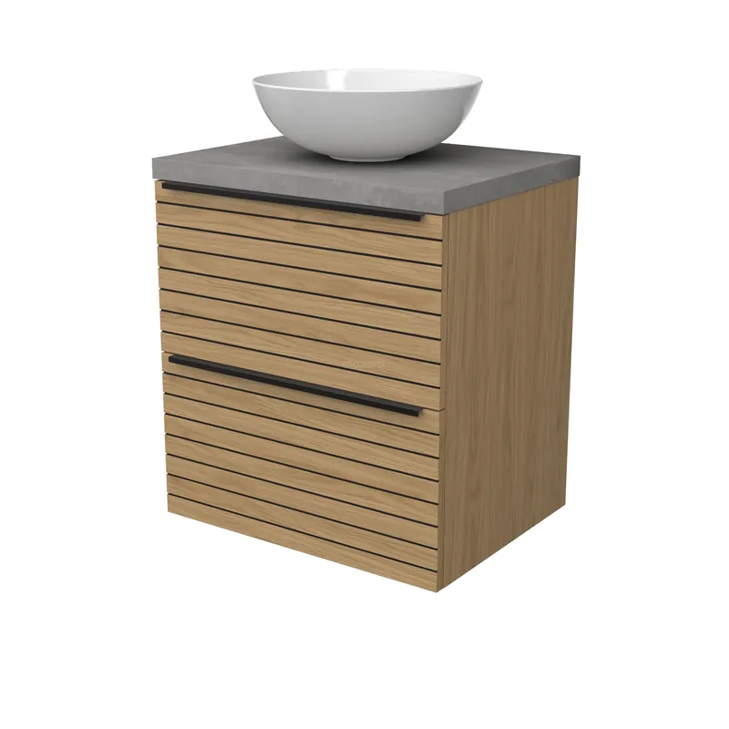 Modulo Plato Badkamermeubel voor waskom | 60 cm Naturel fineer Strook front Lichtgrijs beton blad 2 lades onder elkaar Gereduceerde Prijs