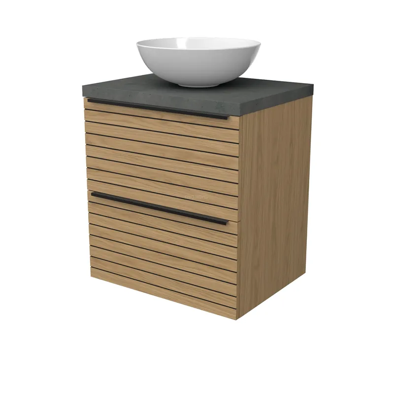 Modulo Plato Badkamermeubel voor waskom | 60 cm Naturel fineer Strook front Donkergrijs beton blad 2 lades onder elkaar Geld-Terug-Garantie