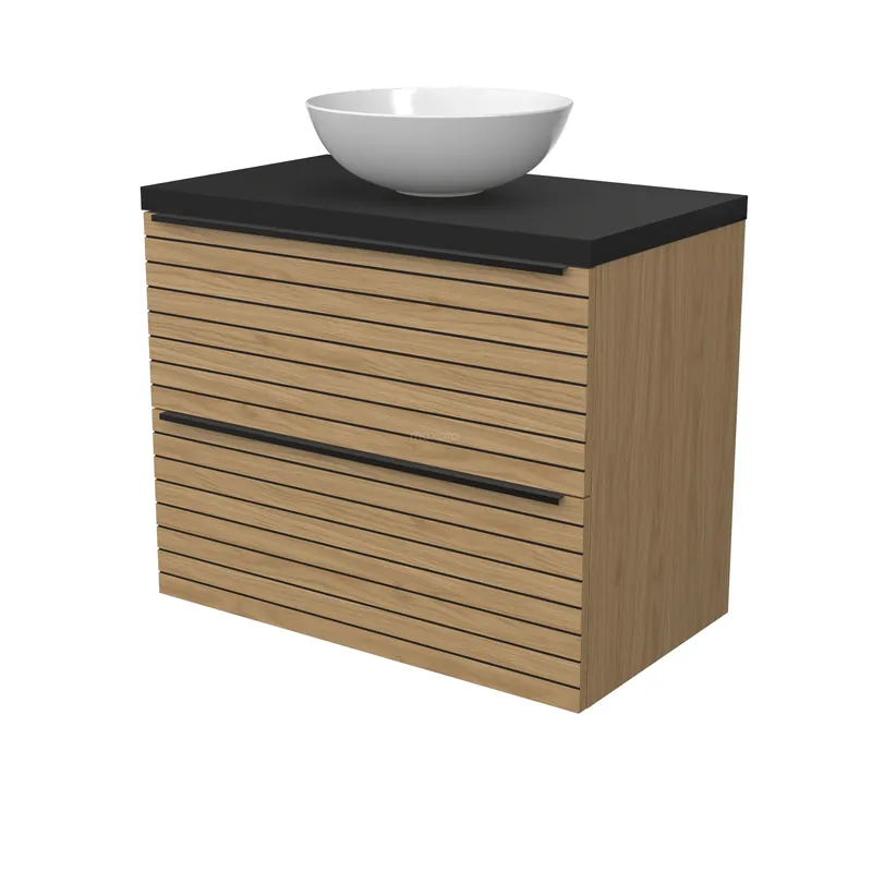 Modulo Plato Badkamermeubel voor waskom | 80 cm Naturel fineer Strook front Mat zwart blad 2 lades onder elkaar Wereldwijde Verzending