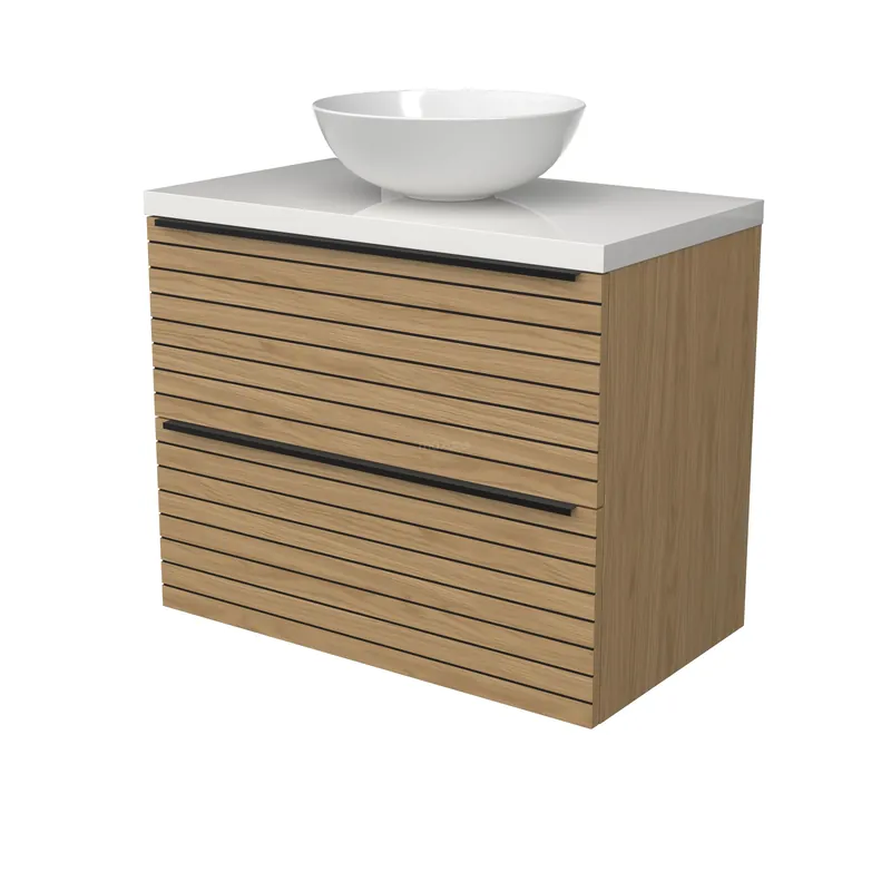 Meest Verkocht Modulo Plato Badkamermeubel voor waskom | 80 cm Naturel fineer Strook front Hoogglans wit blad 2 lades onder elkaar