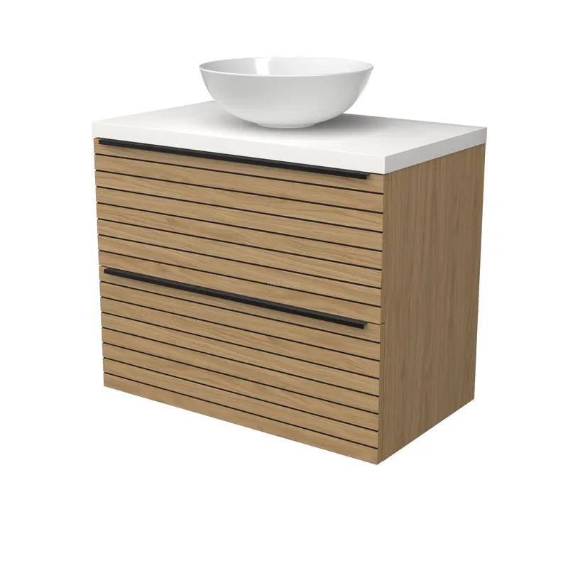 Modulo Plato Badkamermeubel voor waskom | 80 cm Naturel fineer Strook front Mat wit blad 2 lades onder elkaar Lage Kosten