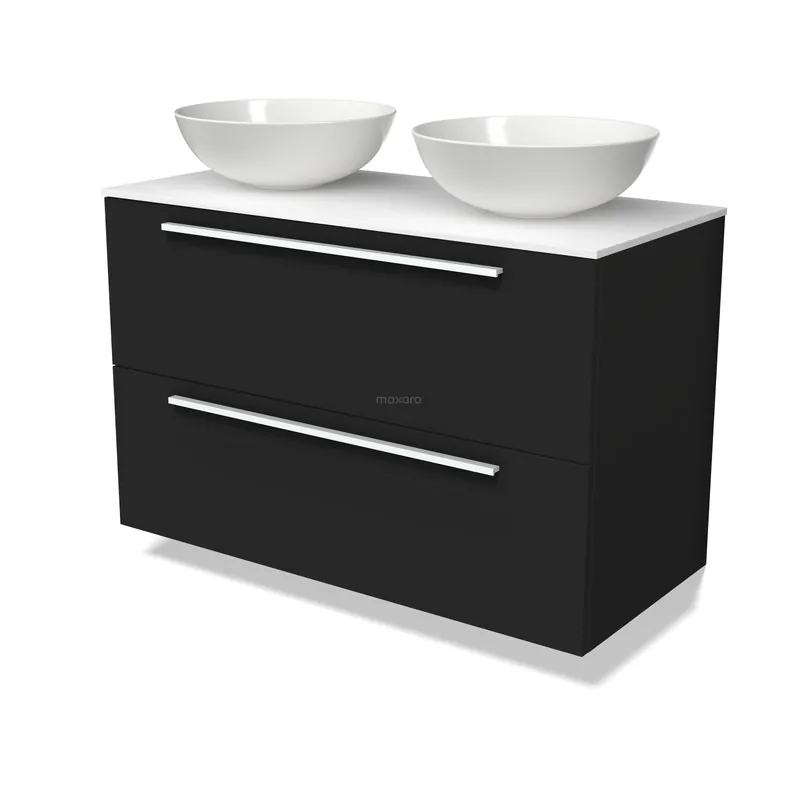 Modulo Plato Badkamermeubel voor waskom | 100 cm Mat zwart Vlak front Solid surface blad 2 lades onder elkaar Beste Prijs
