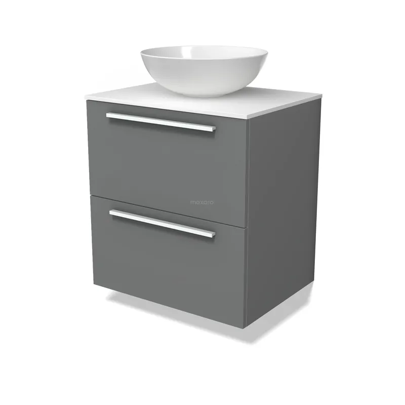 Gereduceerde Prijs Modulo Plato Badkamermeubel voor waskom | 60 cm Middengrijs Vlak front Solid surface blad 2 lades onder elkaar