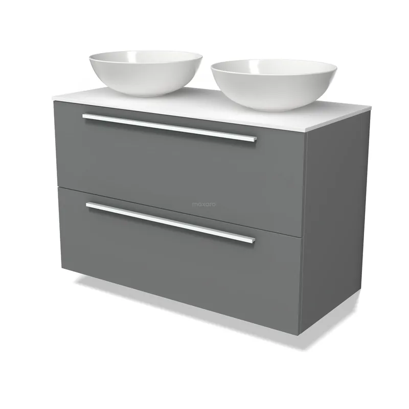 Modulo Plato Badkamermeubel voor waskom | 100 cm Middengrijs Vlak front Solid surface blad 2 lades onder elkaar Laatste Kans