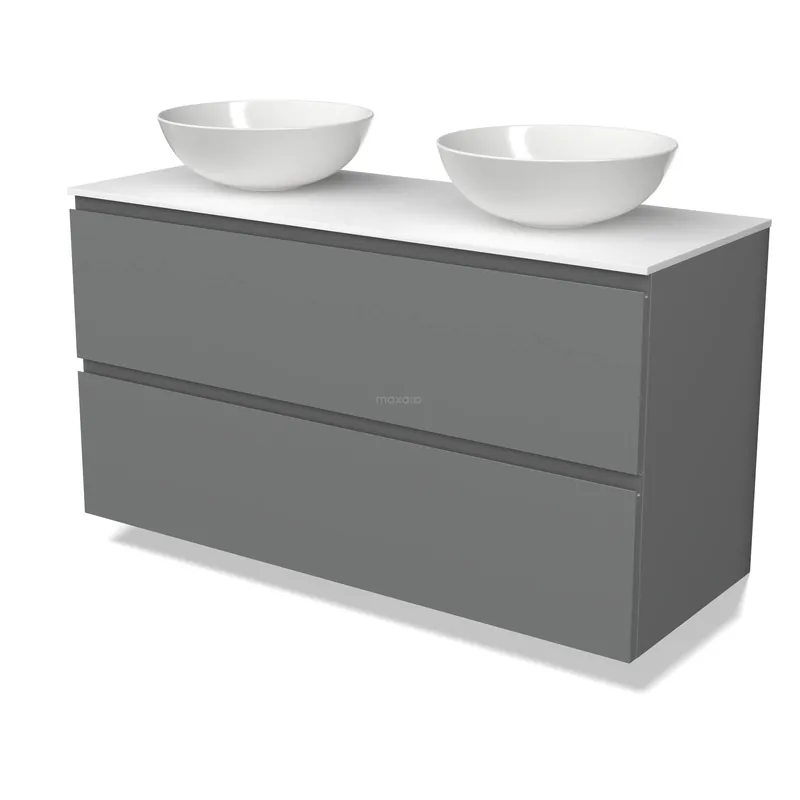 Korting Modulo Plato Badkamermeubel voor waskom | 120 cm Middengrijs Greeploos front Solid surface blad 2 lades onder elkaar