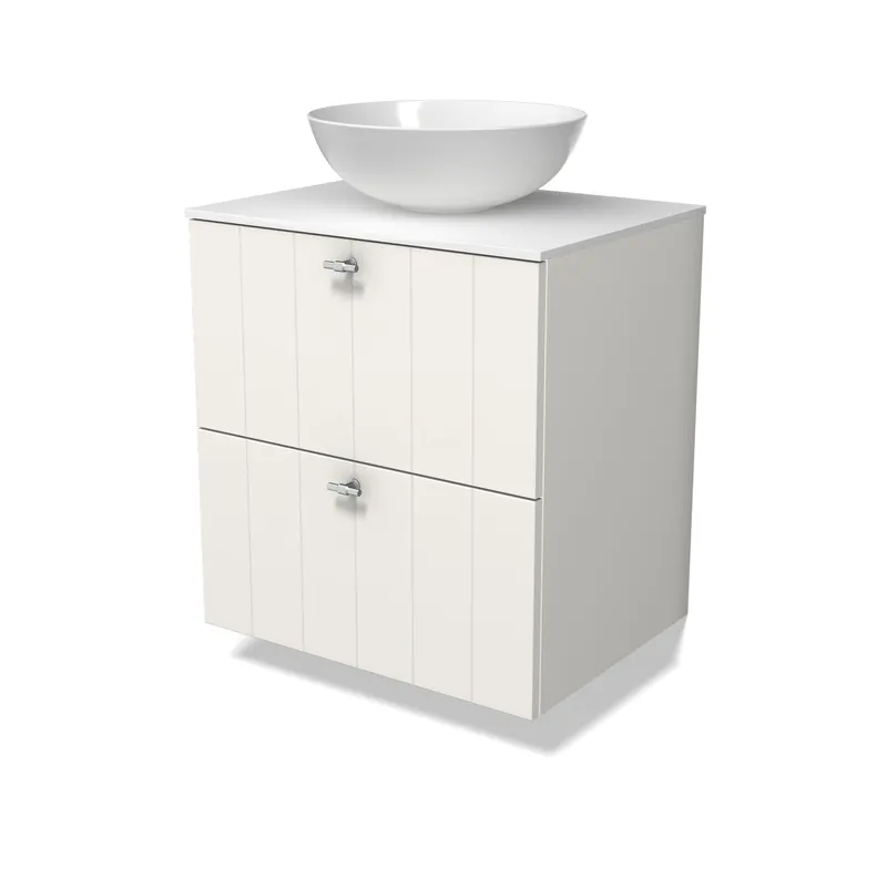 Modulo Plato Badkamermeubel voor waskom | 60 cm Mat wit Lamel front Solid surface blad 2 lades onder elkaar Snelle Levering