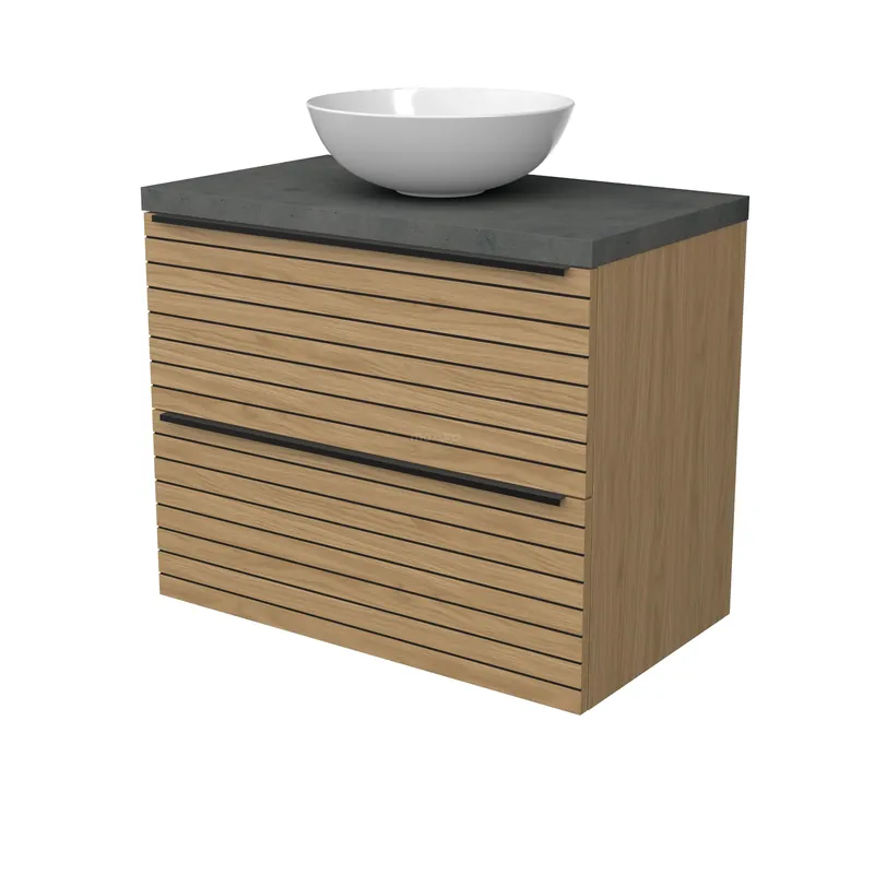 Koopje Modulo Plato Badkamermeubel voor waskom | 80 cm Naturel fineer Strook front Donkergrijs beton blad 2 lades onder elkaar