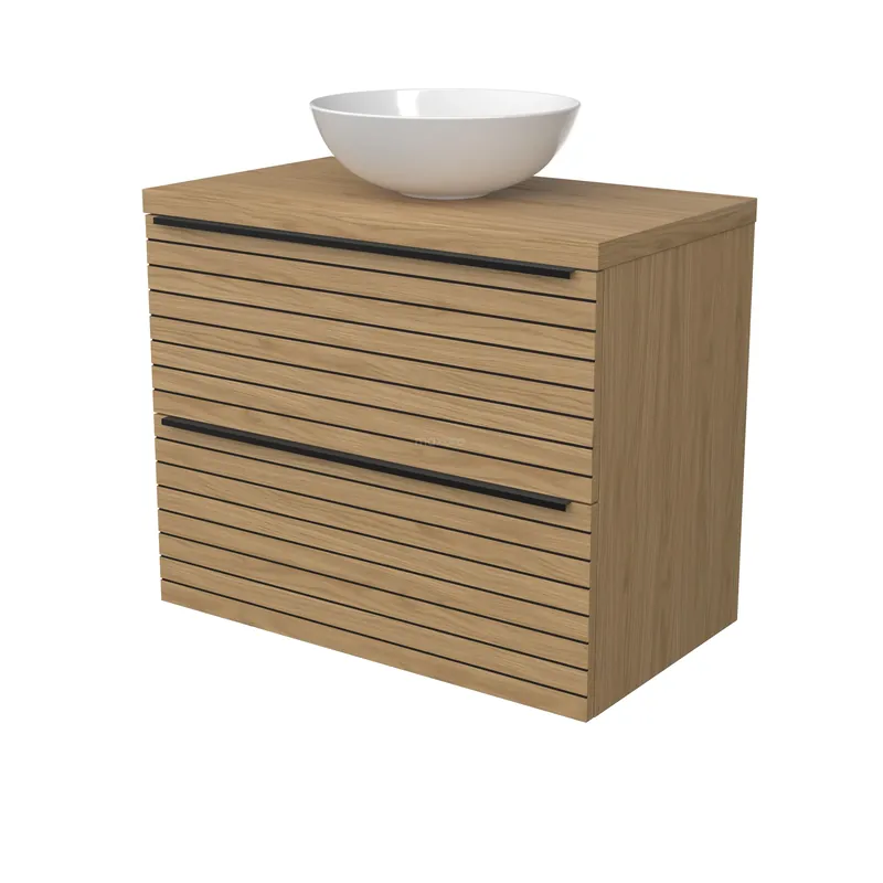 Ambachtelijk Modulo Plato Badkamermeubel voor waskom | 80 cm Naturel fineer Strook front Naturel fineer blad 2 lades onder elkaar