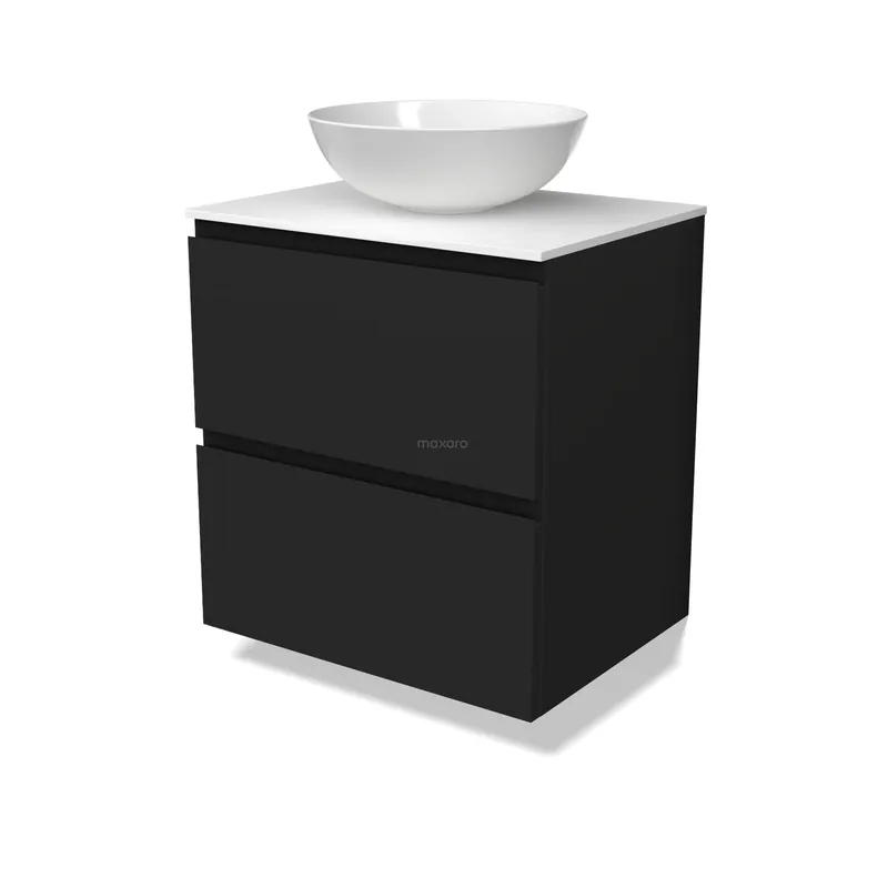 Wereldwijde Verzending Modulo Plato Badkamermeubel voor waskom | 60 cm Mat zwart Greeploos front Solid surface blad 2 lades onder elkaar