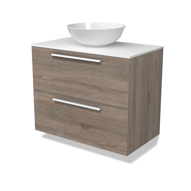 In De Mode Modulo Plato Badkamermeubel voor waskom | 80 cm Eiken Vlak front Solid surface blad 2 lades onder elkaar