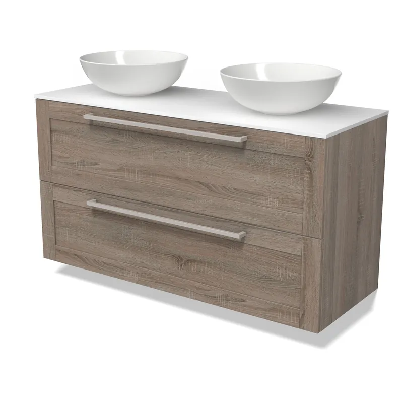 Aanbieding Modulo Plato Badkamermeubel voor waskom | 120 cm Eiken Kader front Solid surface blad 2 lades onder elkaar