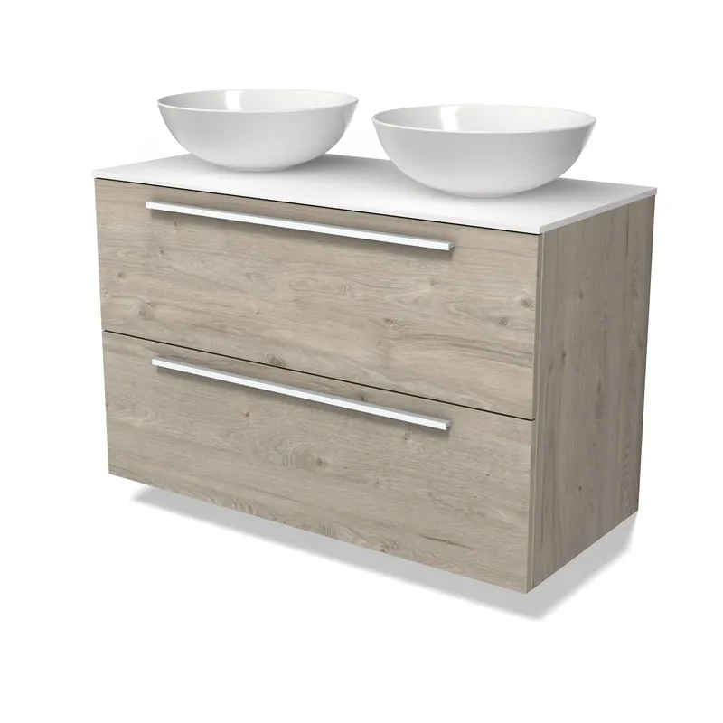 Modulo Plato Badkamermeubel voor waskom | 100 cm Lichtgrijs eiken Vlak front Solid surface blad 2 lades onder elkaar Veilige Betaling