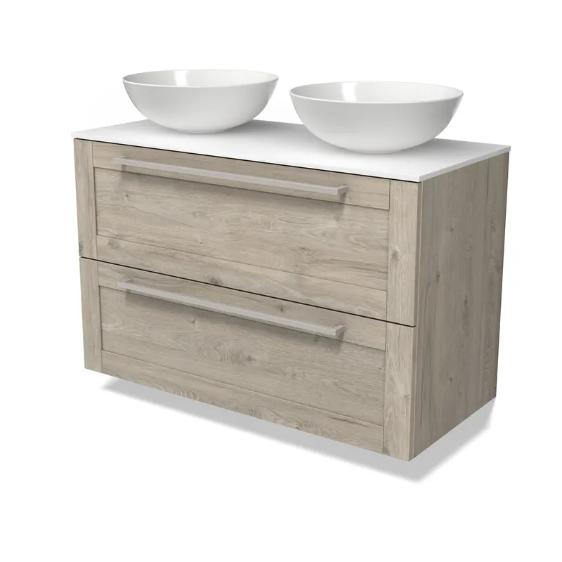 Fabrieksprijs Modulo Plato Badkamermeubel voor waskom | 100 cm Lichtgrijs eiken Kader front Solid surface blad 2 lades onder elkaar