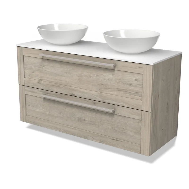 Bestseller Modulo Plato Badkamermeubel voor waskom | 120 cm Lichtgrijs eiken Kader front Solid surface blad 2 lades onder elkaar