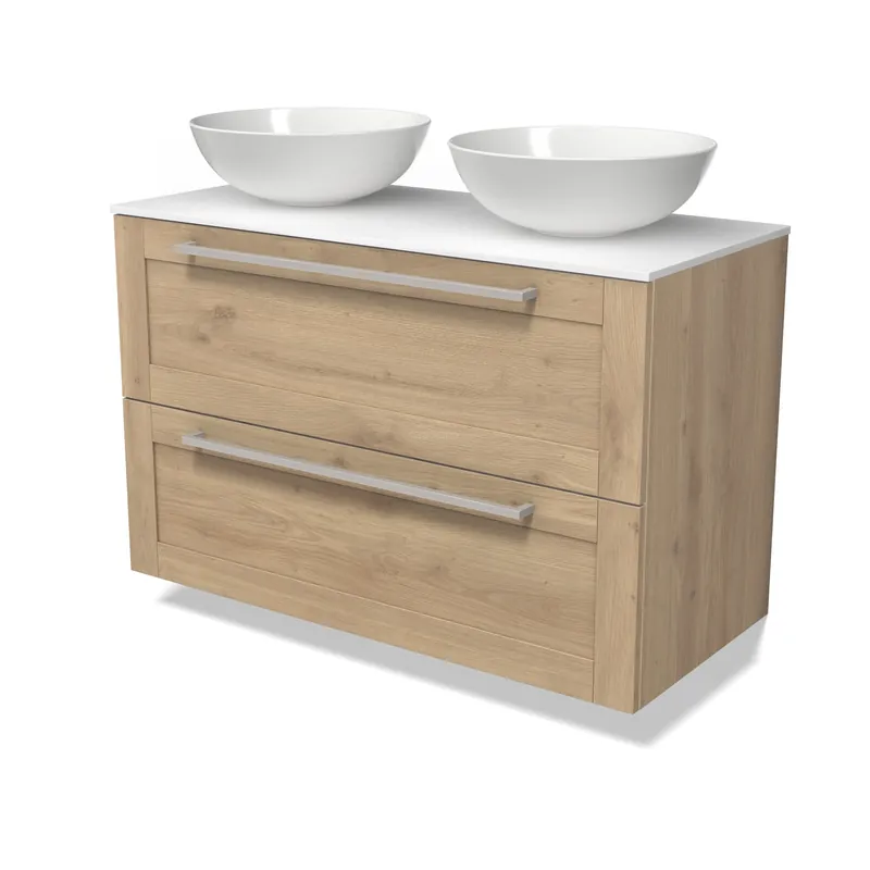 Modulo Plato Badkamermeubel voor waskom | 100 cm Lichtbruin eiken Kader front Solid surface blad 2 lades onder elkaar Groothandel