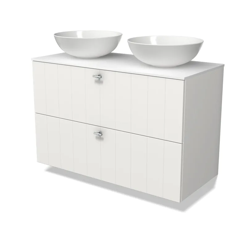 Modulo Plato Badkamermeubel voor waskom | 100 cm Mat wit Lamel front Solid surface blad 2 lades onder elkaar Fabrieksprijs