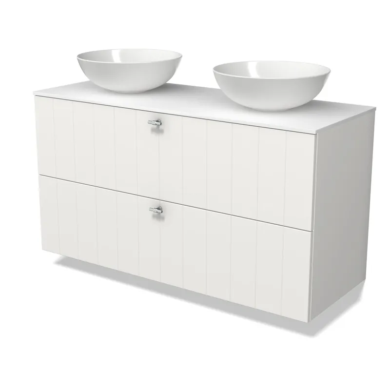 Ambachtelijk Modulo Plato Badkamermeubel voor waskom | 120 cm Mat wit Lamel front Solid surface blad 2 lades onder elkaar