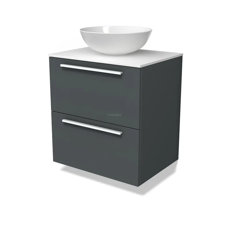 Modulo Plato Badkamermeubel voor waskom | 60 cm Donkergrijs Vlak front Solid surface blad 2 lades onder elkaar Groothandel