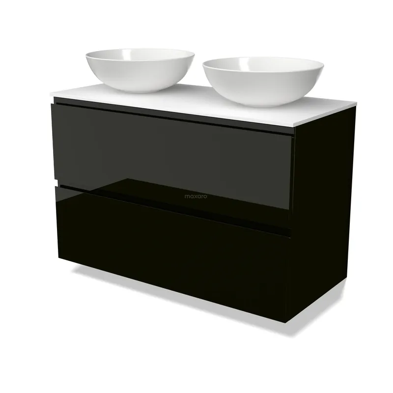 Modulo Plato Badkamermeubel voor waskom | 100 cm Hoogglans zwart Greeploos front Solid surface blad 2 lades onder elkaar Origineel
