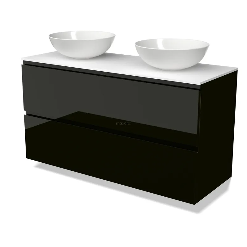 Gratis Retour Modulo Plato Badkamermeubel voor waskom | 120 cm Hoogglans zwart Greeploos front Solid surface blad 2 lades onder elkaar