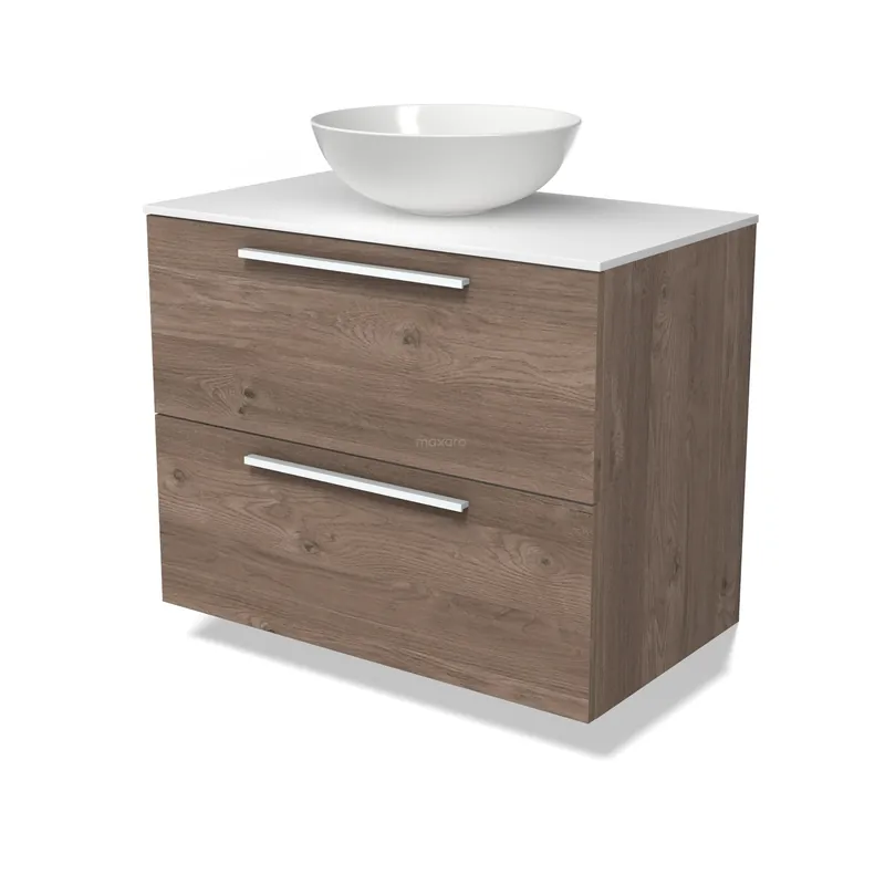 Luxe Modulo Plato Badkamermeubel voor waskom | 80 cm Middenbruin eiken Vlak front Solid surface blad 2 lades onder elkaar
