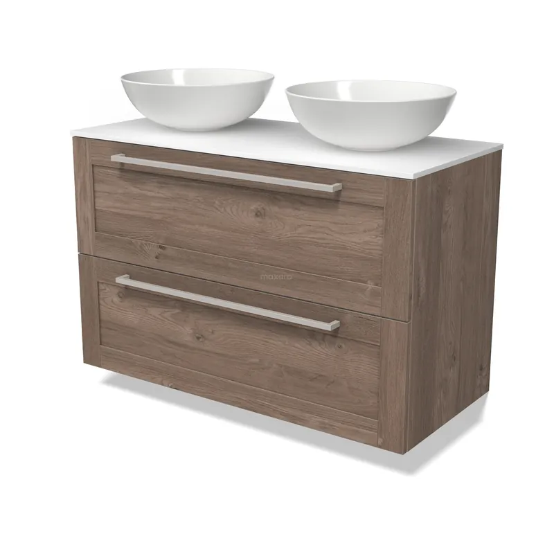 Modulo Plato Badkamermeubel voor waskom | 100 cm Middenbruin eiken Kader front Solid surface blad 2 lades onder elkaar Merkproduct
