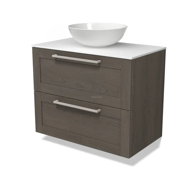Seizoensaanbieding Modulo Plato Badkamermeubel voor waskom | 80 cm Donkerbruin eiken Kader front Solid surface blad 2 lades onder elkaar