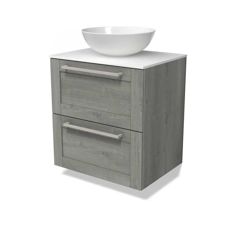 Exclusief Modulo Plato Badkamermeubel voor waskom | 60 cm Grijs eiken Kader front Solid surface blad 2 lades onder elkaar