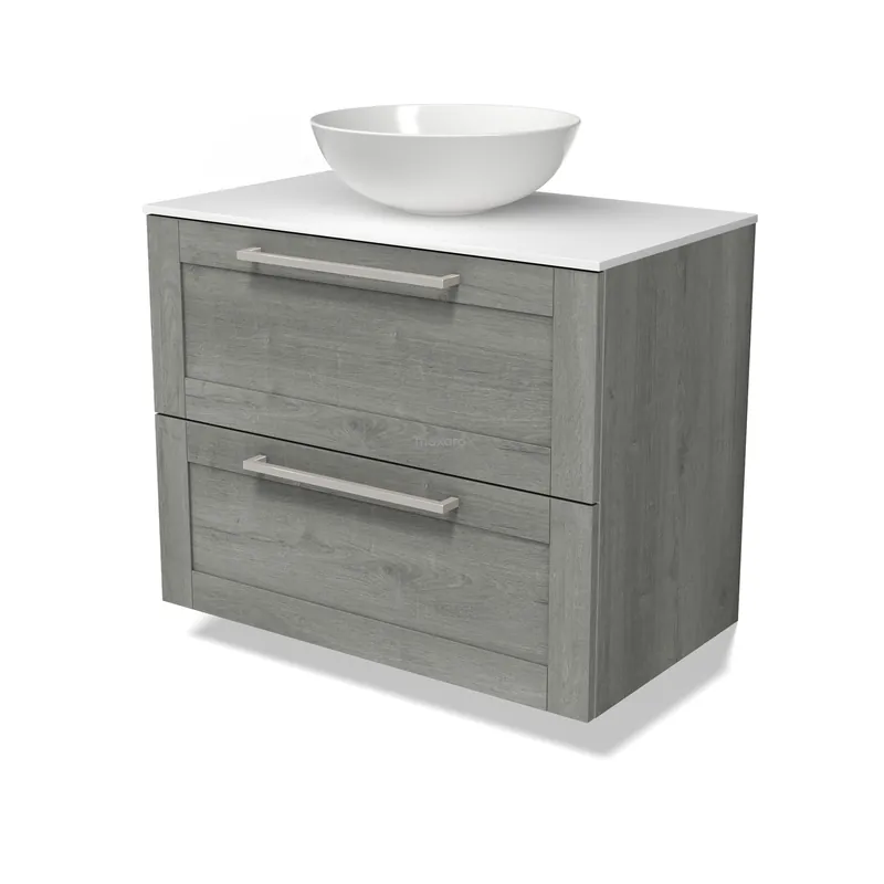 Aanbieding Modulo Plato Badkamermeubel voor waskom | 80 cm Grijs eiken Kader front Solid surface blad 2 lades onder elkaar