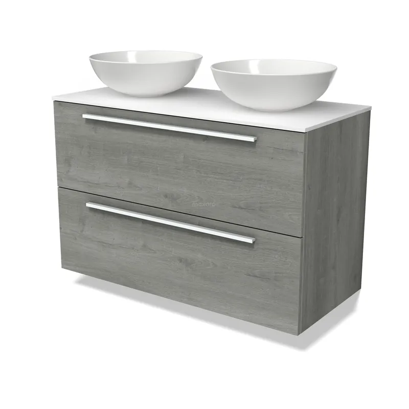 Modulo Plato Badkamermeubel voor waskom | 100 cm Grijs eiken Vlak front Solid surface blad 2 lades onder elkaar Koopje
