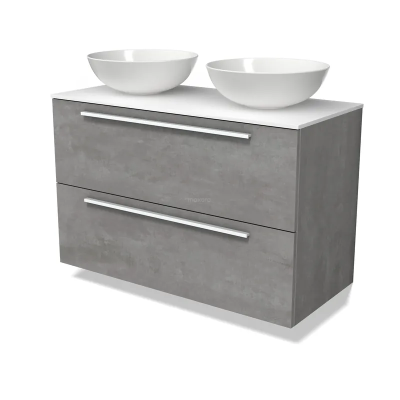Modulo Plato Badkamermeubel voor waskom | 100 cm Lichtgrijs beton Vlak front Solid surface blad 2 lades onder elkaar Ambachtelijk