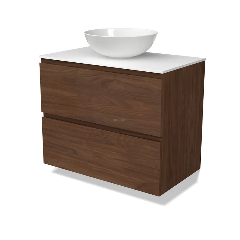 Authentiek Modulo Plato Badkamermeubel voor waskom | 80 cm Walnoot Greeploos front Solid surface blad 2 lades onder elkaar