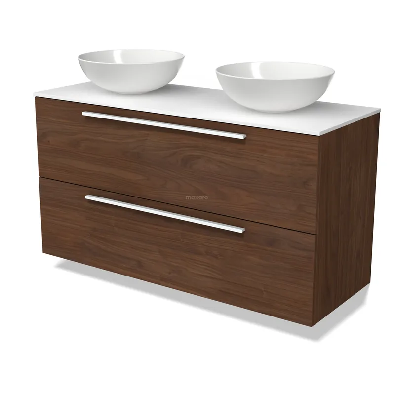 Must-Have Modulo Plato Badkamermeubel voor waskom | 120 cm Walnoot Vlak front Solid surface blad 2 lades onder elkaar