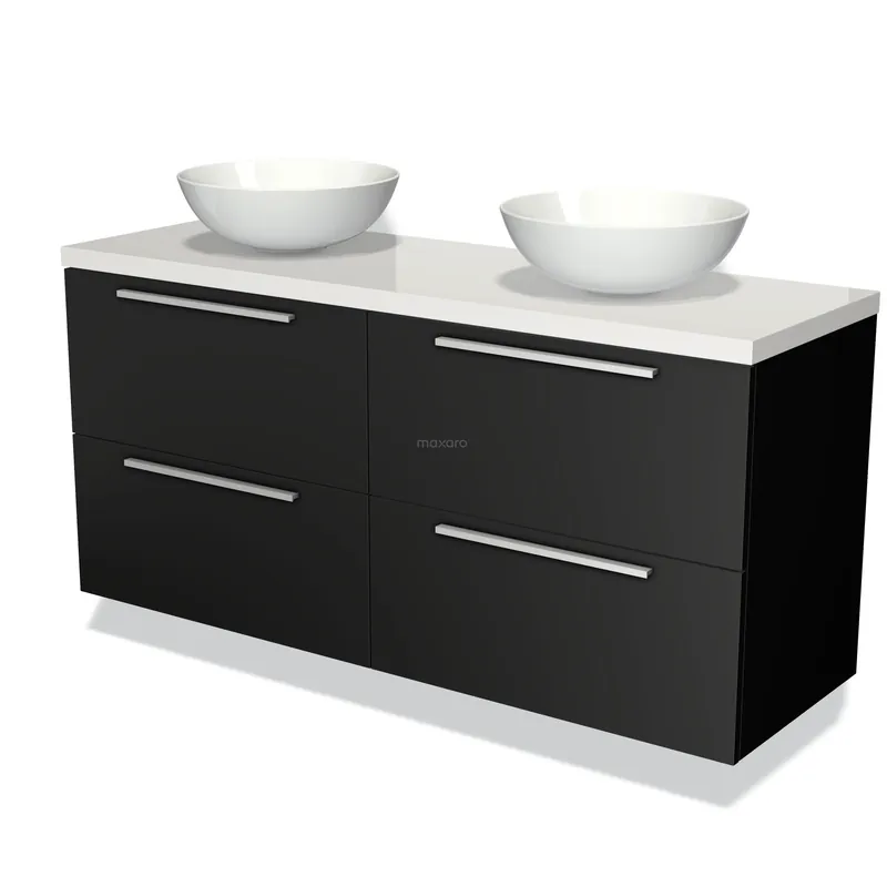 Populair Modulo Plato Badkamermeubel voor waskom | 140 cm Mat zwart Vlak front Hoogglans wit blad 4 lades