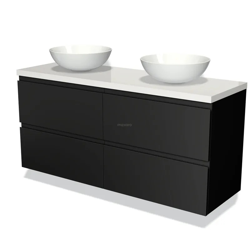 Modulo Plato Badkamermeubel voor waskom | 140 cm Mat zwart Greeploos front Hoogglans wit blad 4 lades Veilige Betaling