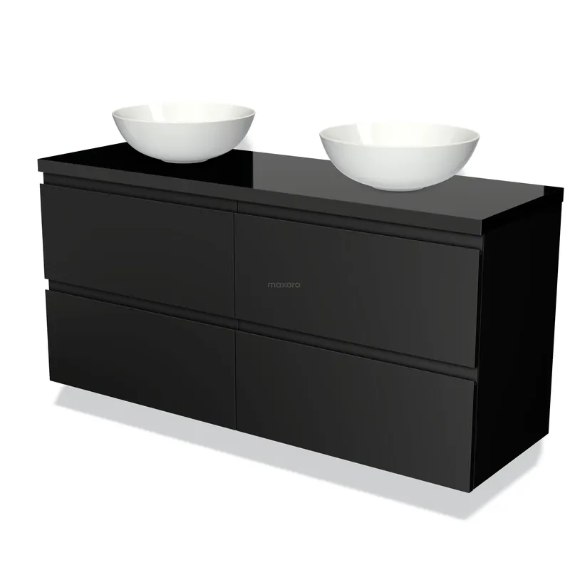 Modulo Plato Badkamermeubel voor waskom | 140 cm Mat zwart Greeploos front Hoogglans zwart blad 4 lades Op = Op