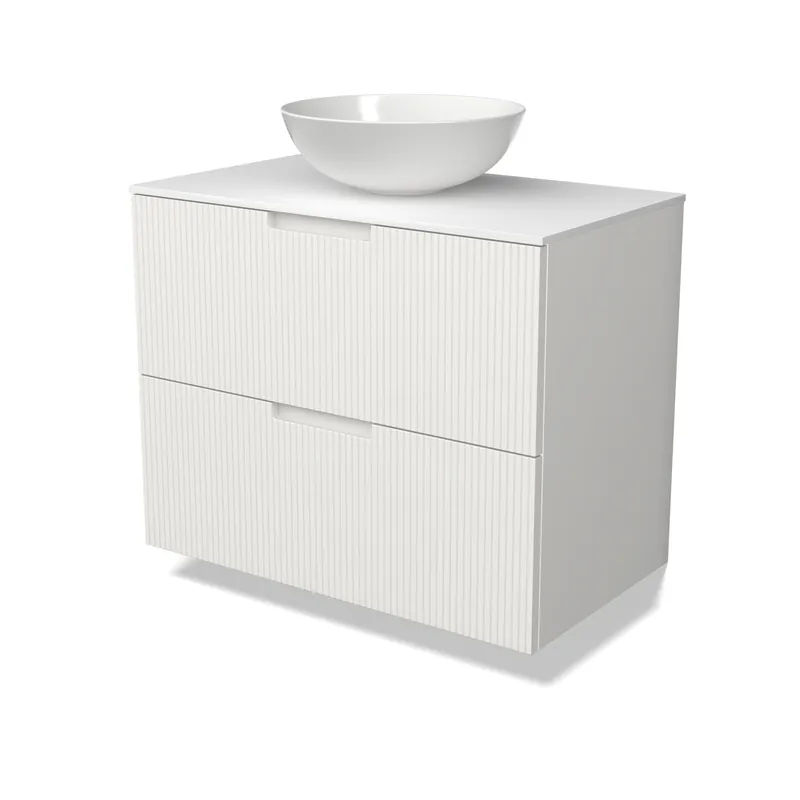 Weekendaanbieding Modulo Plato Badkamermeubel voor waskom | 80 cm Mat wit Lijn front Solid surface blad 2 lades onder elkaar