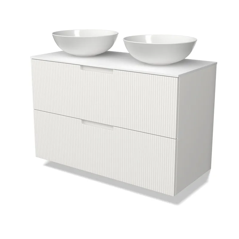 Modulo Plato Badkamermeubel voor waskom | 100 cm Mat wit Lijn front Solid surface blad 2 lades onder elkaar Nieuwe Collectie