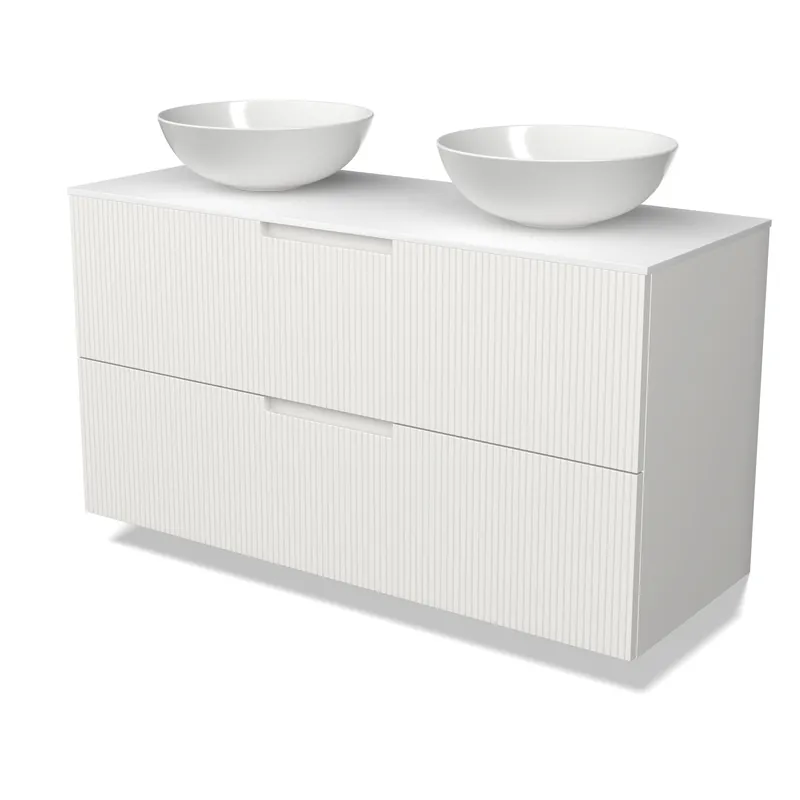 Flitsaanbieding Modulo Plato Badkamermeubel voor waskom | 120 cm Mat wit Lijn front Solid surface blad 2 lades onder elkaar
