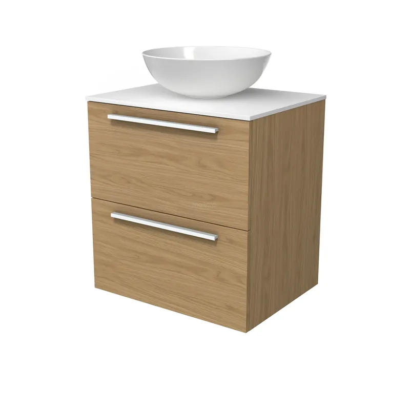 Premium Modulo Plato Badkamermeubel voor waskom | 60 cm Naturel fineer Vlak front Solid surface blad 2 lades onder elkaar