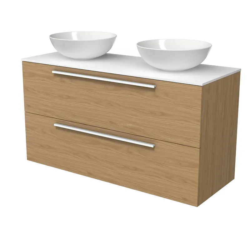 Modulo Plato Badkamermeubel voor waskom | 120 cm Naturel fineer Vlak front Solid surface blad 2 lades onder elkaar Beste Prijs