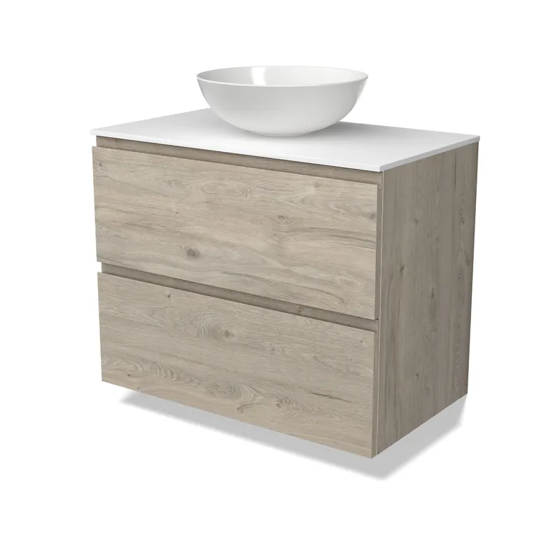 Nu Kopen Modulo Plato Badkamermeubel voor waskom | 80 cm Lichtgrijs eiken Greeploos front Solid surface blad 2 lades onder elkaar