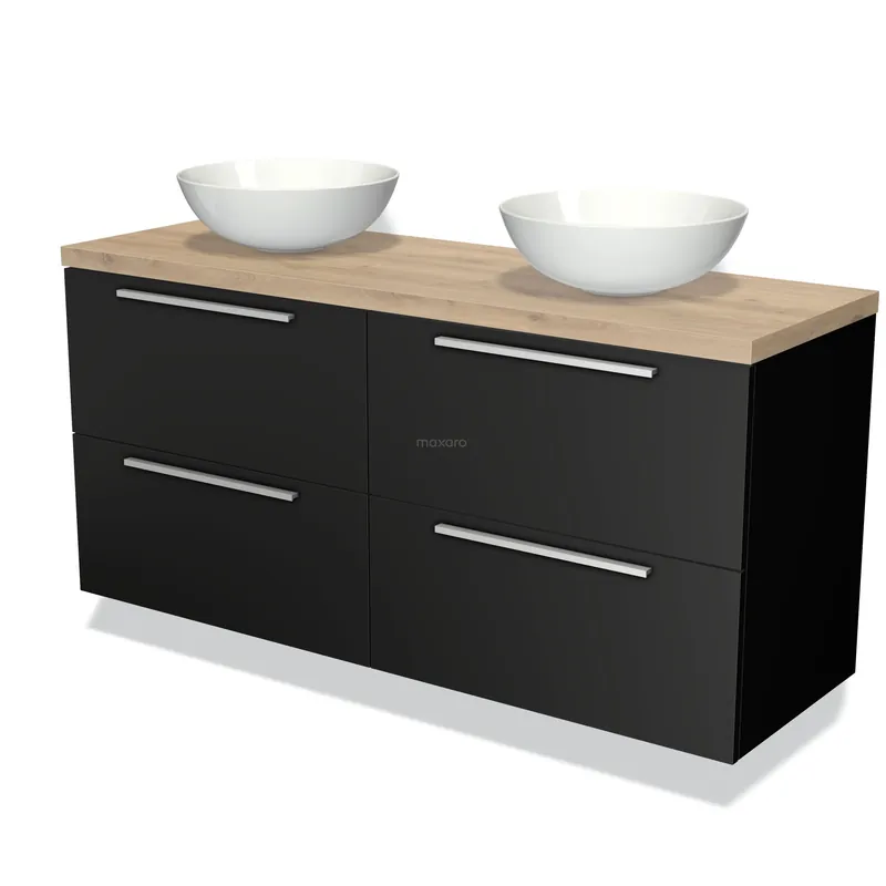 Exclusief Modulo Plato Badkamermeubel voor waskom | 140 cm Mat zwart Vlak front Lichtbruin eiken blad 4 lades
