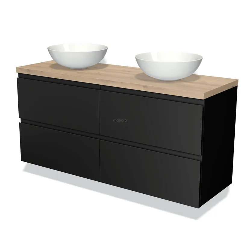 Beperkt Aanbod Modulo Plato Badkamermeubel voor waskom | 140 cm Mat zwart Greeploos front Lichtbruin eiken blad 4 lades