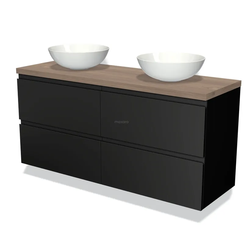 Modulo Plato Badkamermeubel voor waskom | 140 cm Mat zwart Greeploos front Middenbruin eiken blad 4 lades Betaalbaar