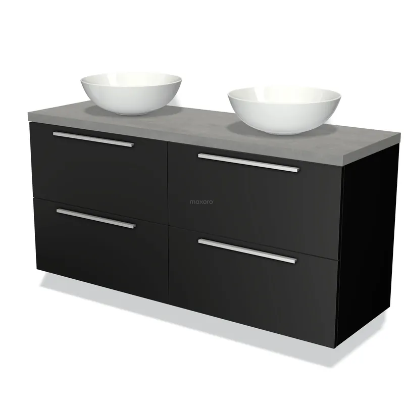 Modulo Plato Badkamermeubel voor waskom | 140 cm Mat zwart Vlak front Lichtgrijs beton blad 4 lades Lage Kosten
