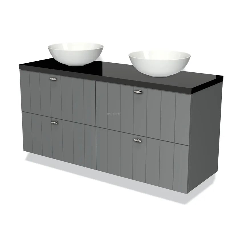 Bestseller Modulo Plato Badkamermeubel voor waskom | 140 cm Middengrijs Lamel front Hoogglans zwart blad 4 lades