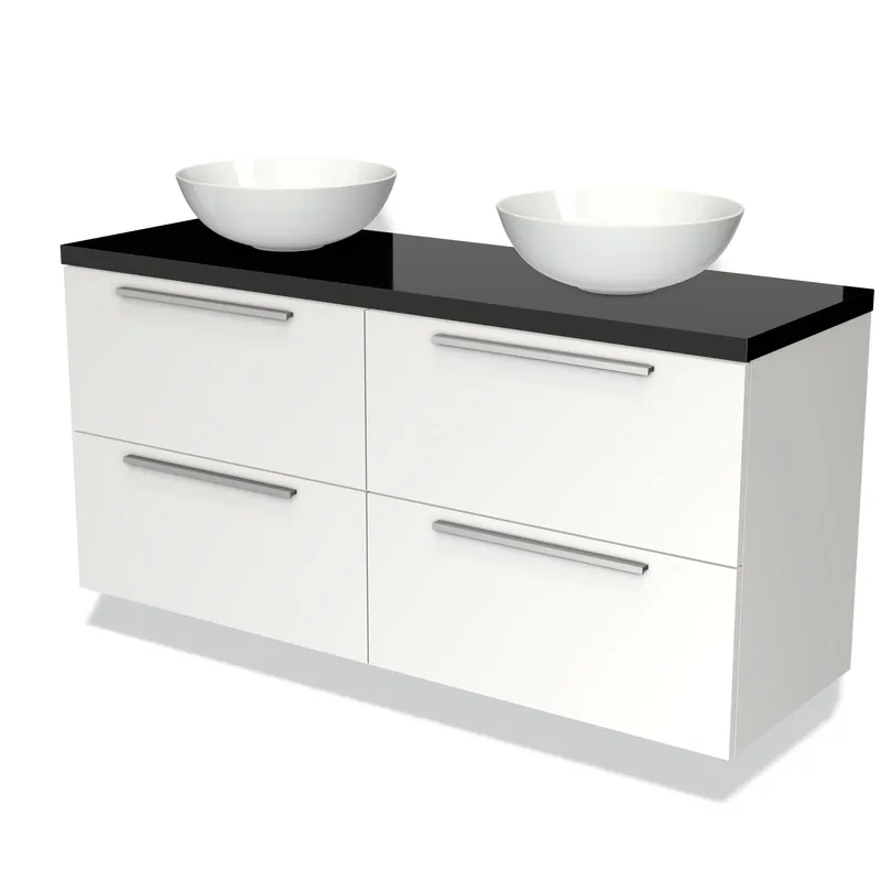 Laatste Kans Modulo Plato Badkamermeubel voor waskom | 140 cm Mat wit Vlak front Hoogglans zwart blad 4 lades